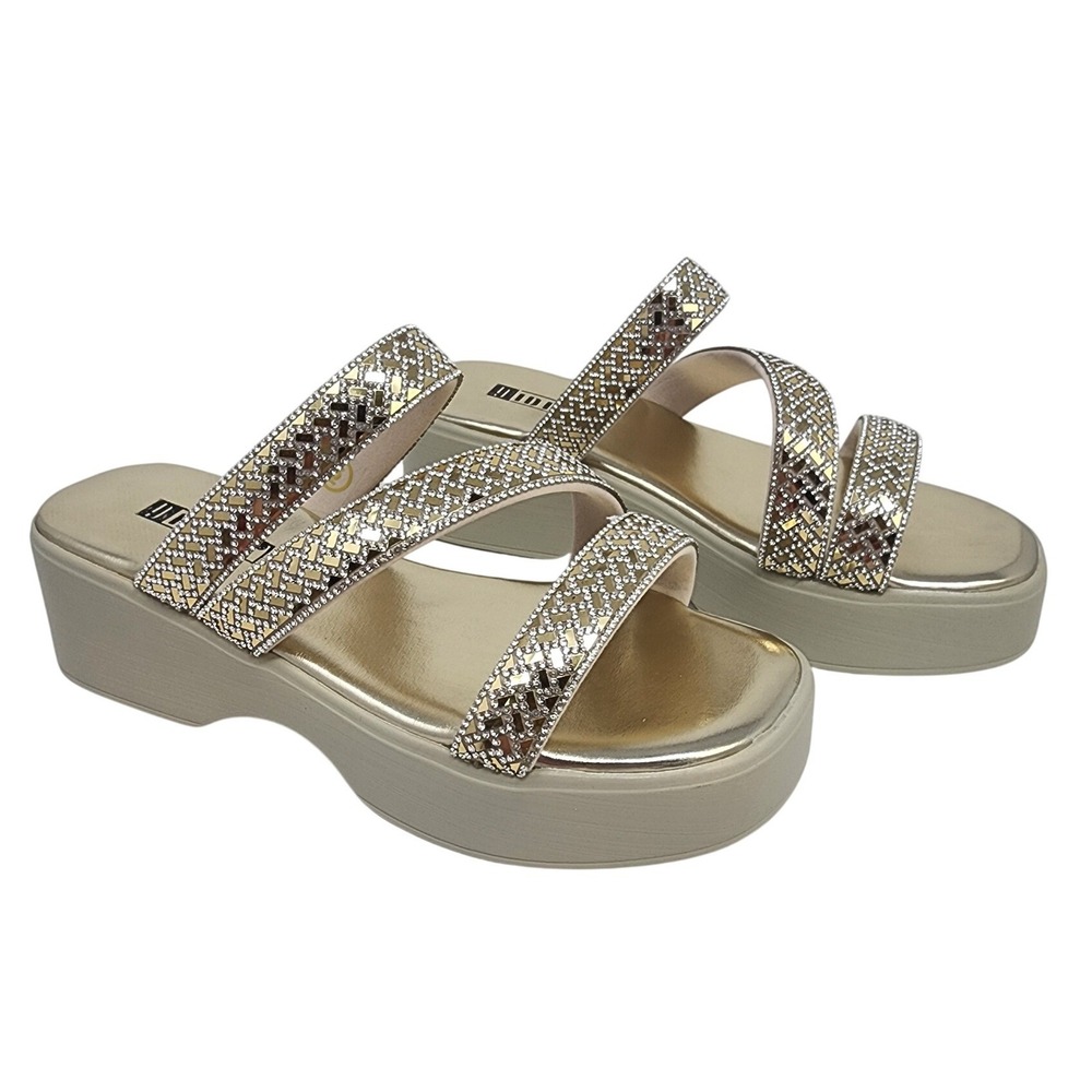 IDIFU Women Gold Rhinestone Triple Strap Platform Wedge Slide Sandals Size 6 NEW